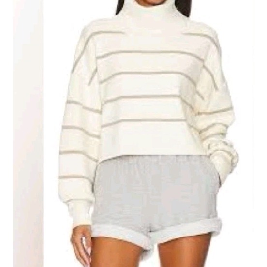 Free People Paulie Cropped Turtleneck Oversized Sweater Moonbeam Cream Striped M